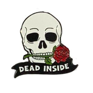 DEAD INSIDE Skull Skeleton Rose Enamel Pin Red White Black Funny Brooch